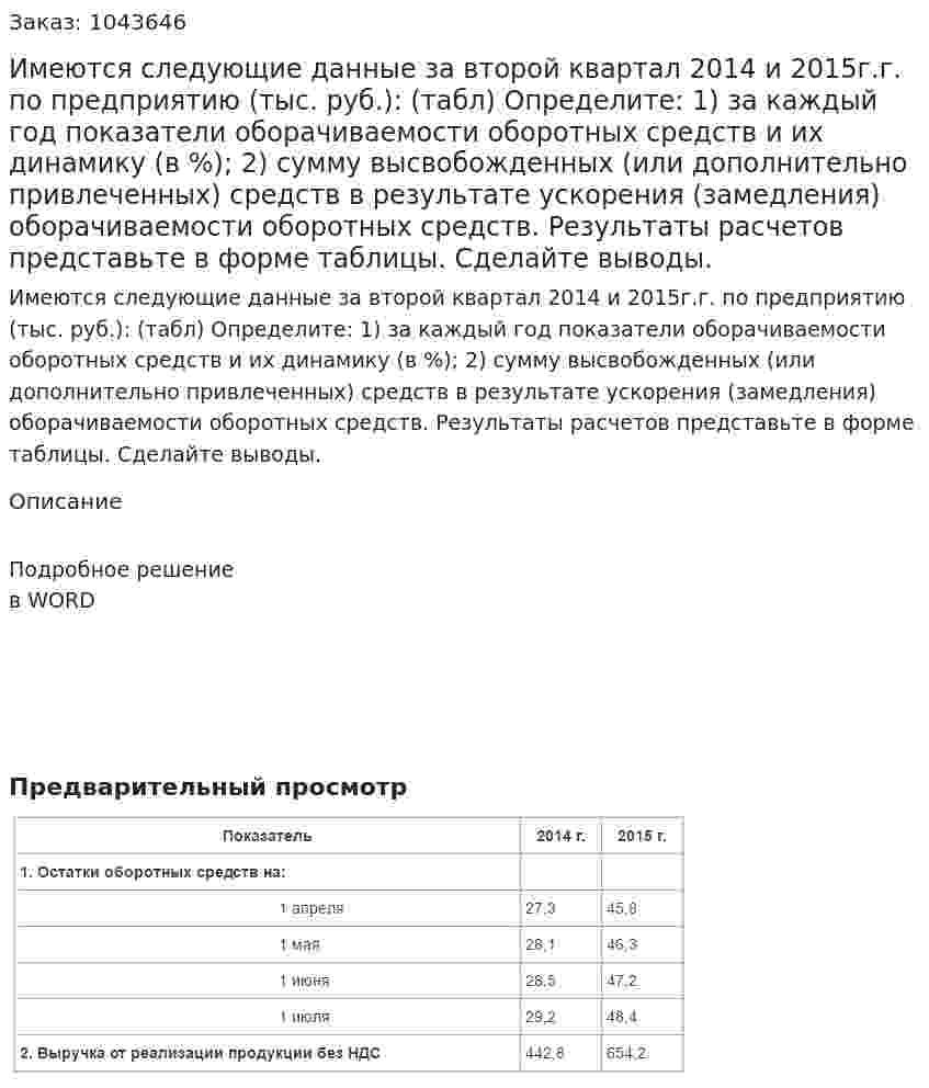 Имеются следующие данные за второй квартал 2014 и 2015г.г. по предприятию (тыс. pуб.): (табл) Определите:  1) за каждый год показатели оборачиваемости оборотных средств и их динамику (в %);  2) сумму высвобожденных (или дополнительно привлеченных) средств в результате ускорения (замедления) оборачиваемости оборотных средств. Результаты расчетов представьте в форме таблицы. Сделайте выводы. 
