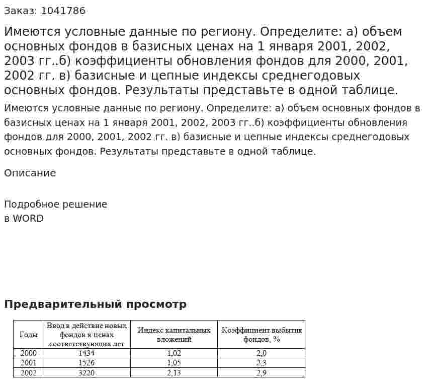Имеются условные данные по региону. Определите: а) объем основных фондов в базисных ценах на 1 января 2001, 2002, 2003 гг..б) коэффициенты обновления фондов для 2000, 2001, 2002 гг. в) базисные и цепные индексы среднегодовых основных фондов. Результаты представьте в одной таблице. 