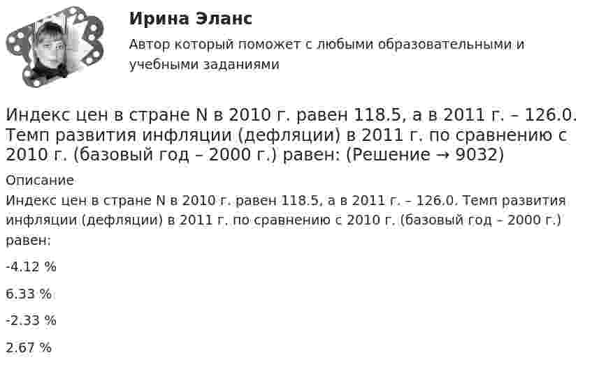      
          Описание
          Индекс цен в стране N в 2010 г. равен 118.5, а в 2011 г. – 126.0. Темп развития инфляции (дефляции) в 2011 г. по сравнению с 2010 г. (базовый год – 2000 г.) равен:	-4.12 %		6.33 %		-2.33 %		2.67 %  
            
            
            Индекс спроса (Ис) определяется...Индекс цен в стране N в 2010 г. равен 118.5, а в 2011 г. – 126.0. Темп развития инфляции (дефляции) в 2011 г. по сравнению с 2010 г. (базовый год – 2000 г.) равен:Индекс цен определяется как:Индексы цен Пааше рассчитываются по формулеИндекс … эффективности демонстрирует, какой эффективностью должны обладать дальнейшие работы для выполнения бюджетаИндивидуальная контрольная работа № 3 вар 12Индивидуальная контрольная работа № 3 вар 17Индекс вовлеченности стран в мировую экономикуИндекс выполнения сроков в методе освоенного объема вычисляется как …Индекс выполнения стоимости в методе освоенного объема вычисляется как …Индекс дефлятора ВВП рассчитывается по формуле: Индекс дефлятора ВВП рассчитывается по формуле:  	Ласпейреса	 	Фишера	 	Пааше	 	ФридменаИндекс Кетля определяет..Индекс Лернера определяет …