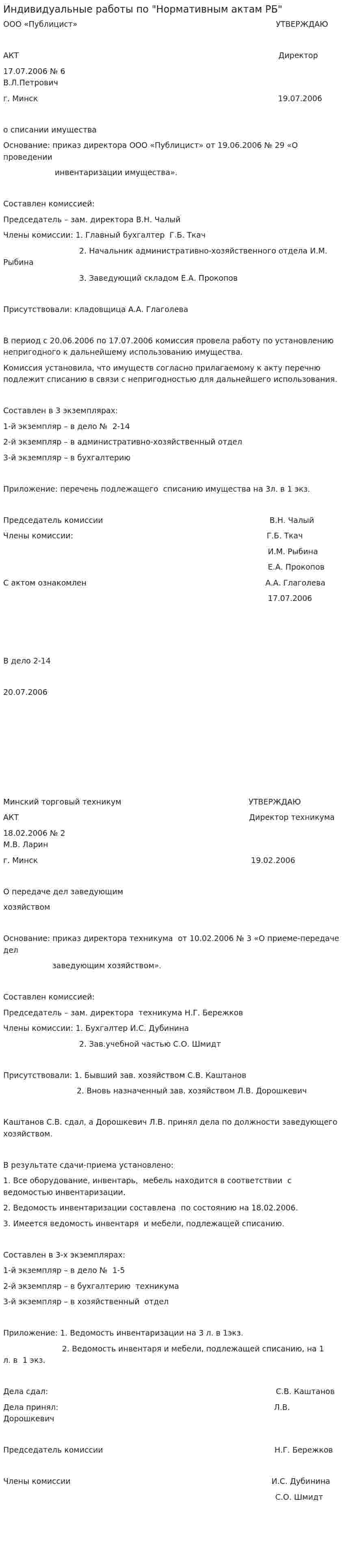 Индивидуальные работы по "Нормативным актам РБ"