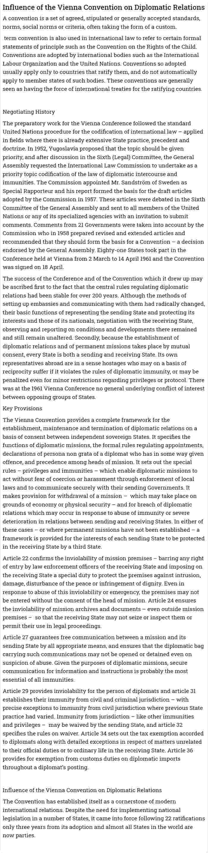 Influence of the Vienna Convention on Diplomatic Relations