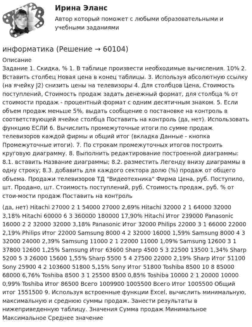     
            Описание
                       Задание 1.         Скидка, %     1.  В таблице произвести необходимые вычисления.       10%     2.  Вставить столбец Новая цена в конец таблицы.    3. Используя абсолютную ссылку (на ячейку J2) снизить цены на телевизоры   4.  Для столбцов Цена, Стоимость поступлений, Стоимость продаж задать денежный формат, для столбца % от стоимости продаж - процентный формат с одним десятичным знаком.   5. Если объем продаж меньше 5%, выдать сообщение о постановке на контроль в соответствующей ячейке столбца Поставить на контроль (да, нет). Использовать функцию ЕСЛИ   6. Вычислить промежуточные итоги по сумме продаж телевизоров каждой фирмы и общий итог (вкладка Данные - кнопка Промежуточные итоги).   7. По строкам промежуточных итогов построить круговую диаграмму.   8. Выполнить редактирование построенной диаграммы:     8.1. вставить Название диаграммы;     8.2. разместить Легенду внизу диаграммы в одну строку;     8.3. добавить для каждого сектора долю (%) продаж от общего объема.                 Продажи телевизоров ТД Видеотехника       Фирма Цена, руб. Поступило, шт. Продано, шт. Стоимость поступлений, руб. Стоимость продаж, руб.  % от стои-мости продаж Поставить на контроль  (да, нет)       Hitachi 27000 2 1 54000 27000 2,69%         Hitachi 32000 2 1 64000 32000 3,18%         Hitachi 60000 6 3 360000 180000 17,90%         Hitachi Итог         239000           Panasonic 16000 2 2 32000 32000 3,18%         Panasonic Итог         32000           Philips 22000 3 1 66000 22000 2,19%         Philips Итог         22000           Samsung 8000 4 2 32000 16000 1,59%         Samsung 8000 4 3 32000 24000 2,39%         Samsung 11000 2 1 22000 11000 1,09%         Samsung 12600 3 1 37800 12600 1,25%         Samsung Итог         63600           Sharp 4500 5 3 22500 13500 1,34%         Sharp 5200 5 3 26000 15600 1,55%         Sharp 5500 5 4 27500 22000 2,19%         Sharp Итог         51100           Sony 25900 4 2 103600 51800 5,15%         Sony Итог         51800           Toshiba 8500 10 8 85000 68000 6,76%         Toshiba 8500 3 1 25500 8500 0,85%         Toshiba 10000 2 1 20000 10000 0,99%         Toshiba Итог         86500         Всего       1009900 1005500         Всего Итог         1005500         Общий итог         1551500                       9.  Используя встроенные функции Excel, вычислить минимальную, максимальную и среднюю суммы продаж. Занести результаты в нижеприведенную таблицу.                 Значения Сумма продаж             Минимальное               Максимальное               Среднее значение                
            
            
            информатикаинформатикаИнформатикаИнформатикаИнформатика✅ Информатика 116 вопросов СИНЕРГИЯ МТИ 2022Информатика 117 вопросов СИНЕРГИЯ МТИИнфокоммуникационные системы и сети (тест с ответами) «Синергия».Инфокоммуникационные системы и сети (тест с ответами) «Синергия».Инфокоммуникационные системы и сети (тест с ответами СИНЕРГИЯ/МОИ/ МТИ)Инфокоммуникационные системы и сети (Тест с ответами, Синергия/МОИ/МТИ/МОСАП)Инфокоммуникационные технологии в образовании лиц с ограниченными возможностями здоровья (ответы на тест Синергия / МТИ / МОИ / МосАП)Информатизация деятельности в сфере финансового контроляИнформатизация органов прокуратуры