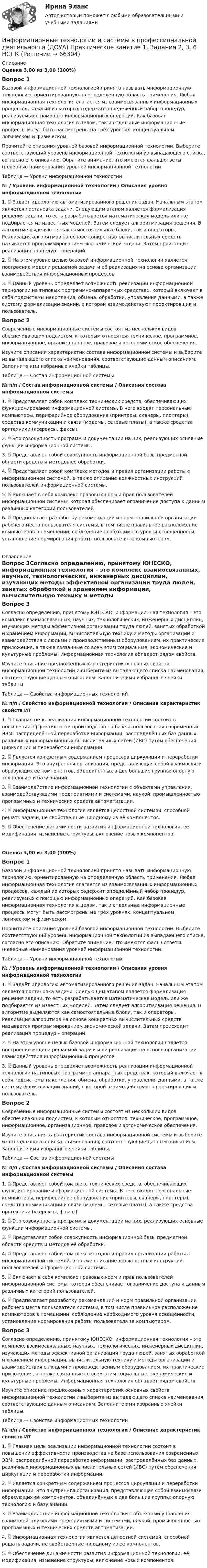      
            Описание
              Оценка 3,00 из 3,00 (100%)Вопрос 1Базовой информационной технологией принято называть информационную технологию, ориентированную на определенную область применения. Любая информационная технология слагается из взаимосвязанных информационных процессов, каждый из которых содержит определённый набор процедур, реализуемых с помощью информационных операций. Как базовая информационная технология в целом, так и отдельные информационные процессы могут быть рассмотрены на трёх уровнях: концептуальном, логическом и физическом.Прочитайте описания уровней базовой информационной технологии. Выберите соответствующий уровень информационной технологии из выпадающего списка, согласно его описанию. Обратите внимание, что имеются фальшответы (неверные наименования уровней информационной технологии.Таблица — Уровни информационной технологии №    /  Уровень информационной технологии   /   Описания уровня информационной технологии1.  Задаёт идеологию автоматизированного решения задач. Начальным этапом является постановка задачи. Следующим этапом является формализация решения задачи, то есть разрабатывается математическая модель или же подбирается из известных моделей. Затем следует алгоритмизация решения. В алгоритме выделяются как самостоятельные блоки, так и операторы. Реализация алгоритмов на основе конкретных вычислительных средств называется программированием экономической задачи. Затем происходит реализация процедур – операций. 2.  На этом уровне целью базовой информационной технологии является построение модели решаемой задачи и её реализация на основе организации взаимодействия информационных процессов. 3.  Данный уровень определяет возможность реализации информационной технологии на типовых программно-аппаратных средствах, который включает в себя подсистемы накопления, обмена, обработки, управления данными, а также систему формализации знаний, с которой взаимодействуют проектировщик и пользователь. Вопрос 2Современные информационные системы состоят из нескольких видов обеспечивающих подсистем, к которым относятся: техническое, программное, информационное, организационное, правовое и эргономическое обеспечения.Изучите описания характеристик состава информационной системы и выберите из выпадающего списка наименования, соответствующие данным описаниям. Заполните ими избранные ячейки таблицы.Таблица — Состав информационной системы № п/п  /  Состав информационной системы   /    Описания состава информационной системы1.  Представляет собой комплекс технических средств, обеспечивающих функционирование информационной системы. В него входят персональные компьютеры, периферийное оборудование (принтеры, сканеры, плоттеры), средства коммуникации и связи (модемы, сетевые платы), а также средства оргтехники (ксероксы, факсы). 2.  Это совокупность программ и документации на них, реализующих основные функции информационной системы. 3.  Представляет собой совокупность информационной базы предметной области средств и методов её обработки. 4.  Представляет собой комплекс методов и правил организации работы с информационной системой, а также описание должностных инструкций пользователей информационной системы. 5.  Включает в себя комплекс правовых норм и прав пользователей информационной системы, которая обеспечивает ограничение доступа к данным различных категорий пользователей. 6.  Предполагает разработку рекомендаций и норм правильной организации рабочего места пользователя системы, в том числе правильное расположение компьютеров в помещении, соблюдение необходимого уровня освещённости, установление нормирования работы пользователя за компьютером.  
            Оглавление
            Вопрос 3Согласно определению, принятому ЮНЕСКО, информационная технология – это комплекс взаимосвязанных, научных, технологических, инженерных дисциплин, изучающих методы эффективной организации труда людей, занятых обработкой и хранением информации, вычислительную технику и методы организации и взаимодействия с людьми и производственным оборудованием, их практические приложения, а также связанные со всем этим социальные, экономические и культурные проблемы. Информационная технология обладает рядом свойств.Изучите описание предложенных характеристик основных свойств информационной технологии и выберите из выпадающего списка наименования, соответствующие данным описаниям. Заполните ими избранные ячейки таблицы.Таблица — Свойства информационных технологий № п/п  /   Свойство информационной технологии   /   Описание характеристик свойств ИТ1.  Главная цель реализации информационной технологии состоит в повышении эффективности производства на базе использования современных ЭВМ, распределённой переработке информации, распределённых баз данных, различных информационных вычислительных сетей (ИВС) путём обеспечения циркуляции и переработки информации. 2.  Является конкретным содержанием процессов циркуляции и переработки информации. Это внутренняя организация, представляющая собой взаимосвязи образующих её компонентов, объединённых в две большие группы: опорную технологию и базу знаний. 3.  Взаимодействие информационной технологии с объектами управления, взаимодействующими предприятиями и системами, наукой, промышленностью программных и технических средств автоматизации. 4.  Информационная технология является целостной системой, способной решать задачи, не свойственные ни одному из её компонентов. 5.  Обеспечение динамичности развития информационной технологии, её модификация, изменение структуры, включение новых компонентов.  Оценка 3,00 из 3,00 (100%)Вопрос 1Базовой информационной технологией принято называть информационную технологию, ориентированную на определенную область применения. Любая информационная технология слагается из взаимосвязанных информационных процессов, каждый из которых содержит определённый набор процедур, реализуемых с помощью информационных операций. Как базовая информационная технология в целом, так и отдельные информационные процессы могут быть рассмотрены на трёх уровнях: концептуальном, логическом и физическом.Прочитайте описания уровней базовой информационной технологии. Выберите соответствующий уровень информационной технологии из выпадающего списка, согласно его описанию. Обратите внимание, что имеются фальшответы (неверные наименования уровней информационной технологии.Таблица — Уровни информационной технологии № / Уровень информационной технологии / Описания уровня информационной технологии1.  Задаёт идеологию автоматизированного решения задач. Начальным этапом является постановка задачи. Следующим этапом является формализация решения задачи, то есть разрабатывается математическая модель или же подбирается из известных моделей. Затем следует алгоритмизация решения. В алгоритме выделяются как самостоятельные блоки, так и операторы. Реализация алгоритмов на основе конкретных вычислительных средств называется программированием экономической задачи. Затем происходит реализация процедур – операций.2.  На этом уровне целью базовой информационной технологии является построение модели решаемой задачи и её реализация на основе организации взаимодействия информационных процессов.3.  Данный уровень определяет возможность реализации информационной технологии на типовых программно-аппаратных средствах, который включает в себя подсистемы накопления, обмена, обработки, управления данными, а также систему формализации знаний, с которой взаимодействуют проектировщик и пользователь. Вопрос 2Современные информационные системы состоят из нескольких видов обеспечивающих подсистем, к которым относятся: техническое, программное, информационное, организационное, правовое и эргономическое обеспечения.Изучите описания характеристик состава информационной системы и выберите из выпадающего списка наименования, соответствующие данным описаниям. Заполните ими избранные ячейки таблицы.Таблица — Состав информационной системы № п/п / Состав информационной системы / Описания состава информационной системы1.  Представляет собой комплекс технических средств, обеспечивающих функционирование информационной системы. В него входят персональные компьютеры, периферийное оборудование (принтеры, сканеры, плоттеры), средства коммуникации и связи (модемы, сетевые платы), а также средства оргтехники (ксероксы, факсы).2.  Это совокупность программ и документации на них, реализующих основные функции информационной системы.3.  Представляет собой совокупность информационной базы предметной области средств и методов её обработки.4.  Представляет собой комплекс методов и правил организации работы с информационной системой, а также описание должностных инструкций пользователей информационной системы.5.  Включает в себя комплекс правовых норм и прав пользователей информационной системы, которая обеспечивает ограничение доступа к данным различных категорий пользователей.6.  Предполагает разработку рекомендаций и норм правильной организации рабочего места пользователя системы, в том числе правильное расположение компьютеров в помещении, соблюдение необходимого уровня освещённости, установление нормирования работы пользователя за компьютером. Вопрос 3Согласно определению, принятому ЮНЕСКО, информационная технология – это комплекс взаимосвязанных, научных, технологических, инженерных дисциплин, изучающих методы эффективной организации труда людей, занятых обработкой и хранением информации, вычислительную технику и методы организации и взаимодействия с людьми и производственным оборудованием, их практические приложения, а также связанные со всем этим социальные, экономические и культурные проблемы. Информационная технология обладает рядом свойств.Изучите описание предложенных характеристик основных свойств информационной технологии и выберите из выпадающего списка наименования, соответствующие данным описаниям. Заполните ими избранные ячейки таблицы.Таблица — Свойства информационных технологий № п/п / Свойство информационной технологии / Описание характеристик свойств ИТ1.  Главная цель реализации информационной технологии состоит в повышении эффективности производства на базе использования современных ЭВМ, распределённой переработке информации, распределённых баз данных, различных информационных вычислительных сетей (ИВС) путём обеспечения циркуляции и переработки информации.2.  Является конкретным содержанием процессов циркуляции и переработки информации. Это внутренняя организация, представляющая собой взаимосвязи образующих её компонентов, объединённых в две большие группы: опорную технологию и базу знаний.3.  Взаимодействие информационной технологии с объектами управления, взаимодействующими предприятиями и системами, наукой, промышленностью программных и технических средств автоматизации.4.  Информационная технология является целостной системой, способной решать задачи, не свойственные ни одному из её компонентов.5.  Обеспечение динамичности развития информационной технологии, её модификация, изменение структуры, включение новых компонентов.  
            
            
            Информационные технологии и системы в профессиональной деятельности (ДОУА) Практическое занятие 1. Задание 8  НСПКИнформационные технологии и системы в профессиональной деятельности (ДОУА) Практическое занятие 1. Задания 2, 3, 6  НСПКИнформационные технологии и системы в профессиональной деятельности (ДОУА) Практическое занятие 2. Задания 4, 8, 10  НСПКИнформационные технологии и системы в профессиональной деятельности НСПК ДОУА Тестовые вопросы к разделу 1Информационные технологии и системы в профессиональной деятельности НСПК ДОУА Тестовые вопросы к разделу 2Информационные технологии и системы в профессиональной деятельности НСПК ДОУА Тестовые вопросы к разделу 3Информационные технологии и системы в профессиональной деятельности НСПК ДОУА Тестовые вопросы к разделу 4Информационные технологии и системы в профессиональной деятельности (ДОУА)Информационные технологии и системы в профессиональной деятельности (ДОУА)Информационные технологии и системы в профессиональной деятельности (ДОУА)Информационные технологии и системы в профессиональной деятельности (ДОУА)Информационные технологии и системы в профессиональной деятельности (ДОУА) 81%Информационные технологии и системы в профессиональной деятельности (ДОУА) НСПК Практическое занятие 1. Задания 2, 3, 6Информационные технологии и системы в профессиональной деятельности (ДОУА) НСПК Практическое занятие 2. Задания 4, 8, 10 (автоматическое)