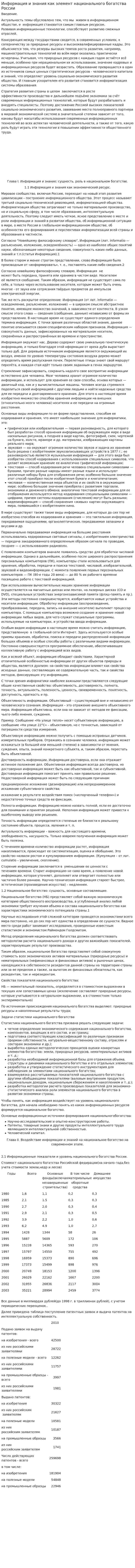 Информация и знания как элемент национального богатства России