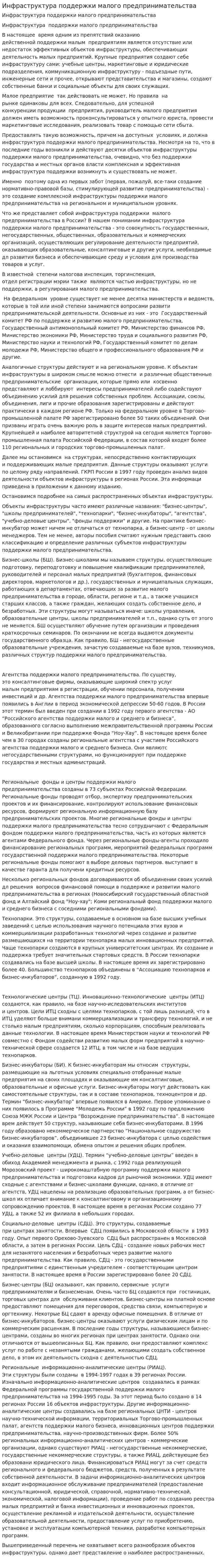 Инфраструктура поддержки малого предпринимательства