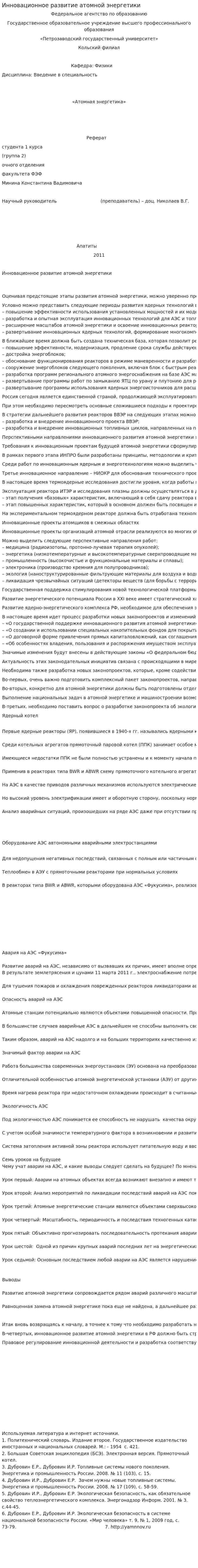 Инновационное развитие атомной энергетики