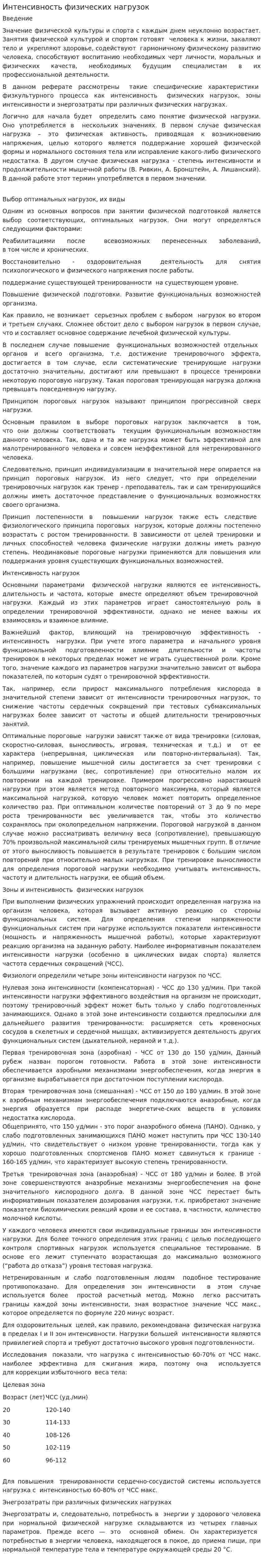 Интенсивность физических нагрузок