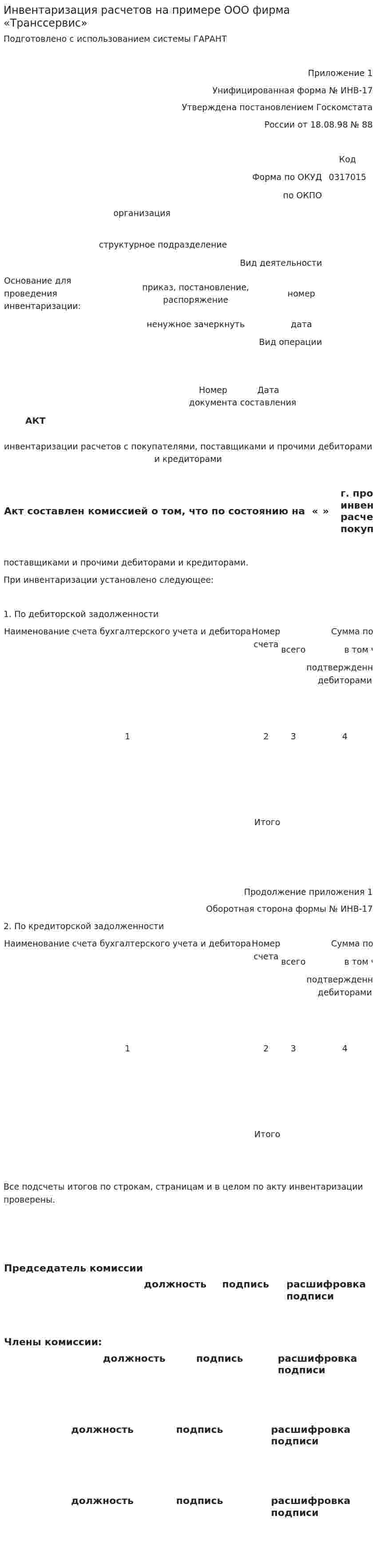 Инвентаризация расчетов на примере ООО фирма «Транссервис»