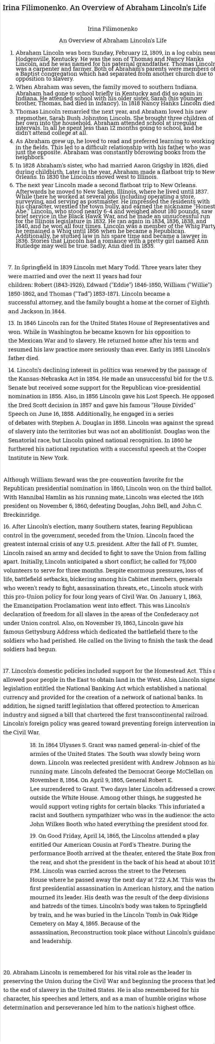 Irina Filimonenko. An Overview of Abraham Lincoln's Life
