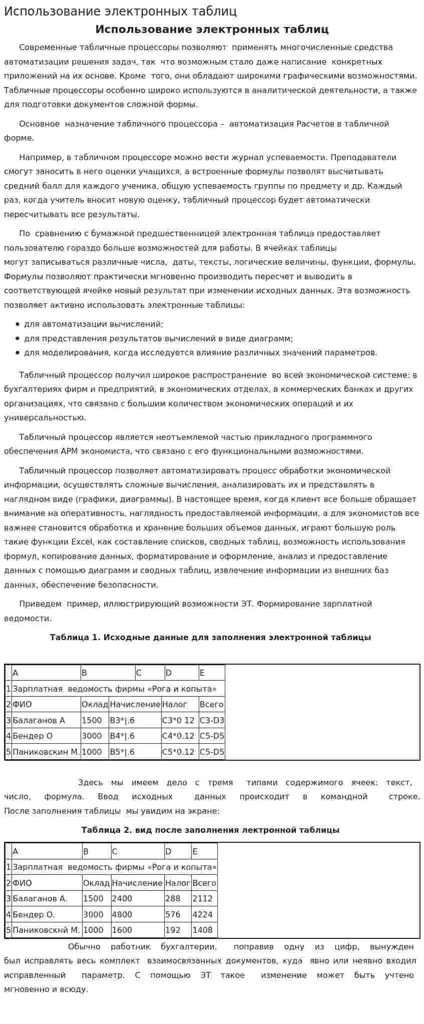 Использование электронных таблиц