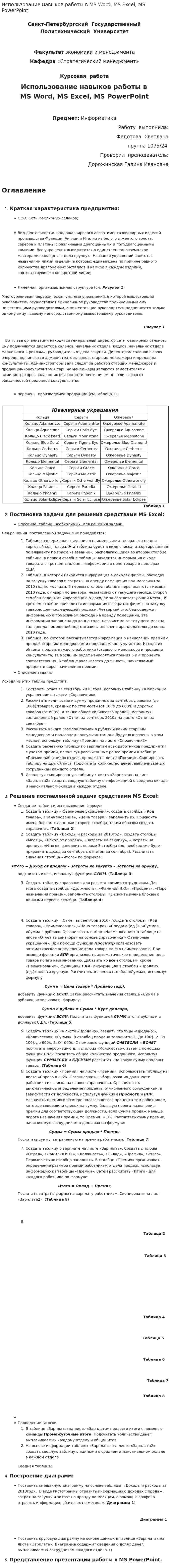 Использование навыков работы в MS Word, MS Excel, MS PowerPoint