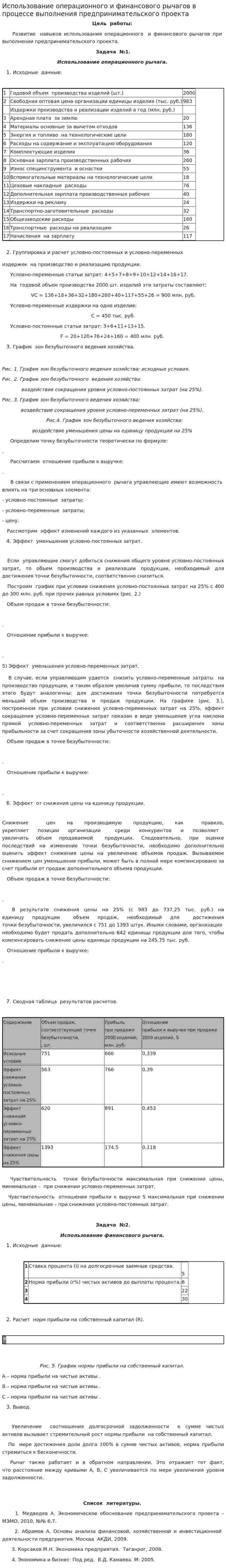 Использование операционного и финансового рычагов в процессе выполнения предпринимательского проекта