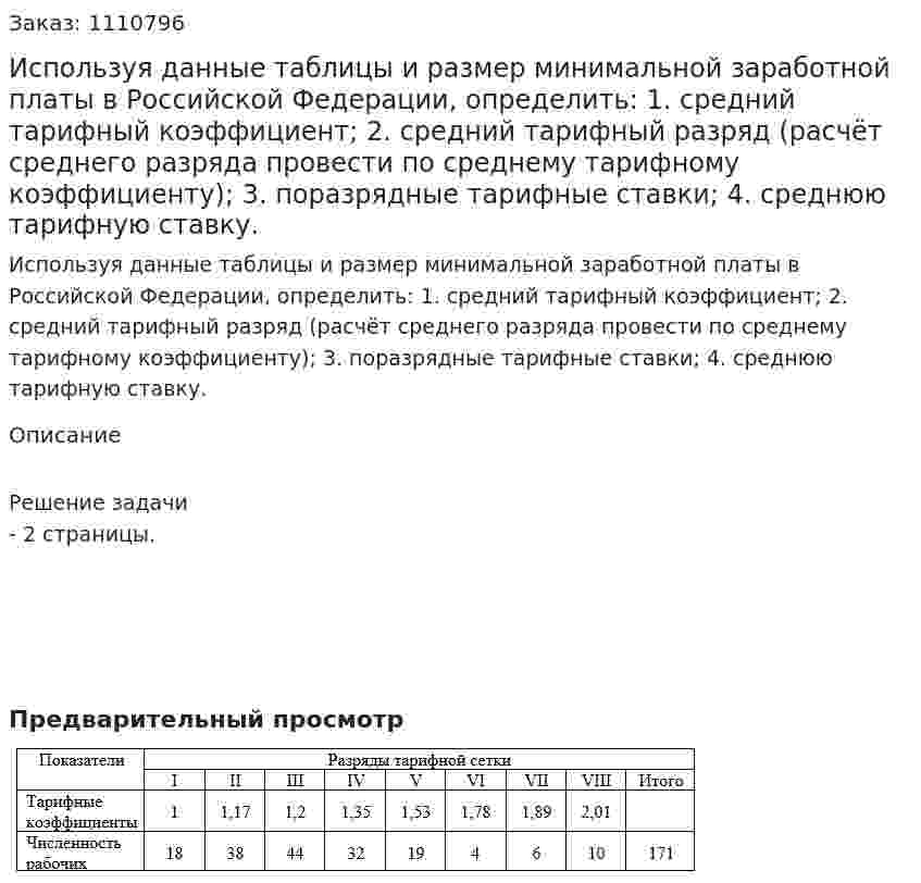 Используя данные таблицы и размер минимальной заработной платы в Российской Федерации, определить:   1.	средний тарифный коэффициент; 2.	средний тарифный разряд (расчёт среднего разряда провести по среднему тарифному коэффициенту); 3.	поразрядные тарифные ставки; 4.	среднюю тарифную ставку. 