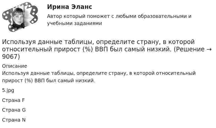     
          Описание
          Используя данные таблицы, определите страну, в которой относительный прирост (%) ВВП был самый низкий.5.jpg	Cтрана F		Cтрана G		Cтрана N  
            
            
             Используя данные таблицы, определите страну, в которой относительный прирост (%) ВВП был самый низкий.Используя данные таблицы, определите страну, в которой относительный прирост (%) ВВП был самый низкий.Используя данные таблицы, определить показатели использования оборотных средств в базисном и отчетном году и экономию от ускорения их оборачиваемости на основе следующих исходных данныхИспользуя данные таблицы, рассчитайте дефлятор.Используя данные таблицы, рассчитайте дефлятор.Используя диаграммы Эйлера-Венна решить задачу. При выборе кружков для детей оказалось, что 60% родителей желают, чтобы их ребенок посещал кружок рисования, 50% предпочли занятия по гимнастике, 50% отметили, что выбрали бы занятия музыкой.Используя закон Максвелла о распределении молекул идеального газа по скоростям  найдите формулу, определяющую наиболее вероятную скорость uв.использования предприятием своих средствИспользовать алгоритм Форда–Фалкерсона для решения задачи о максимальном потоке для транспортной сети с несколькими вершинами-исток:  	нельзя	 	возможно после предварительного разделения данной сети на подсети с одним истоком и одним стоком...Используемые в организации индивидуальные социальные пакеты …Используемый при составлении проекта бюджета перечень законов, иных нормативных правовых актов, муниципальных правовых актов, обусловливающих публичные нормативные обязательства и (или) правовые основания для иных Используйте эти ледокольные вопросы на следующей встречеИспользуя данные таблиц 1-5, исчислите величину налоговых обязательств и налоговое бремя организации по всем отчетным периодам в течение одного календарного года: • по налогу на добавленную стоимость; • налогу на прибыль организаций; • налогу на имущество организации;Используя данные таблиц 1-5, исчислите величину налоговых обязательств и налоговое бремя организации по всем отчетным периодам в течение одного календарного года: • по налогу на добавленную стоимость; • налогу на прибыль организаций; • налогу на имущество организации;. 2