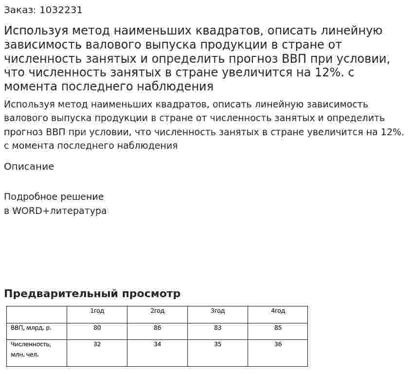 Используя метод наименьших квадратов, описать линейную зависимость валового выпуска продукции в стране от численность занятых и определить прогноз ВВП при условии, что численность занятых в стране увеличится на 12%. с момента последнего наблюдения 