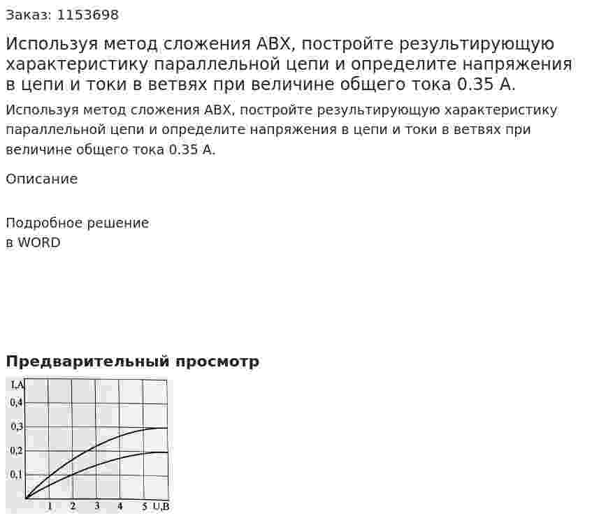 Используя метод сложения АВХ, постройте результирующую характеристику параллельной цепи и определите напряжения в цепи и токи в ветвях при величине общего тока 0.35 А. 