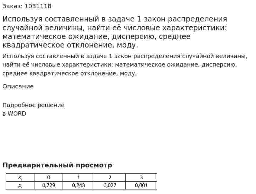 Используя составленный в задаче 1 закон распределения случайной величины, найти eё числовые характеристики: математическое ожидание, дисперсию, среднее квадратическое отклонение, моду. 