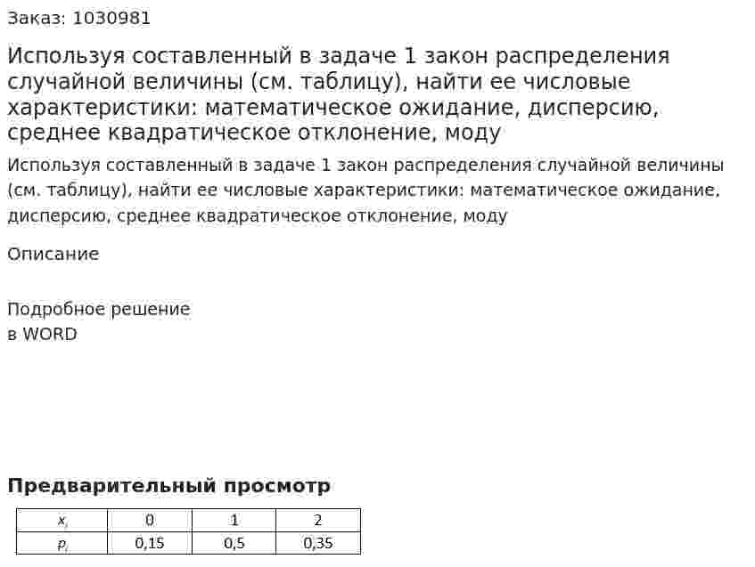 Используя составленный в задаче 1 закон распределения случайной величины (см. таблицу), найти ee числовые характеристики: математическое ожидание, дисперсию, среднее квадратическое отклонение, моду 