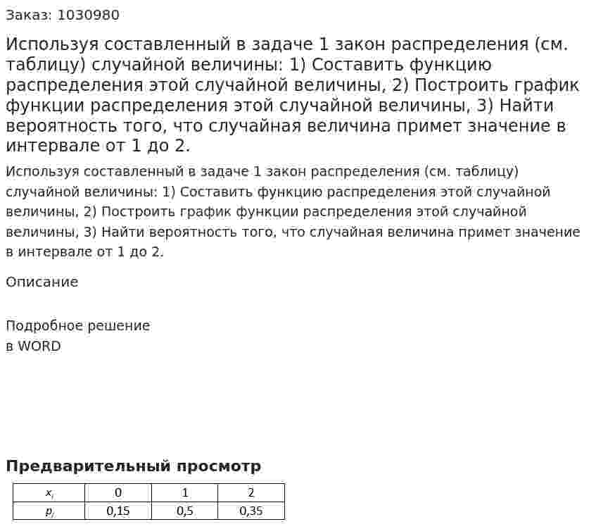 Используя составленный в задаче 1 закон распределения (см. таблицу) случайной величины: 1)	Составить функцию распределения этой случайной величины, 2)	Построить график функции распределения этой случайной величины, 3)	Найти вероятность того, что случайная величина примет значение в интервале от 1 до 2. 
