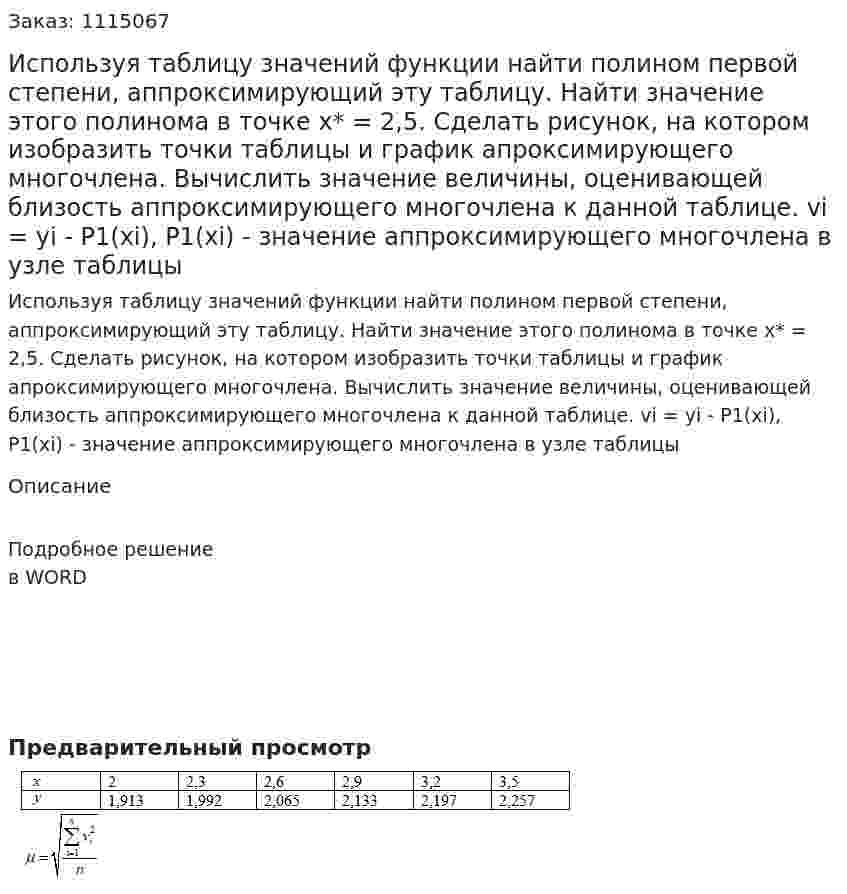 Используя таблицу значений функции найти полином первой степени, аппроксимирующий эту таблицу. Найти значение этого полинома в точке  x* = 2,5. Сделать рисунок, на котором изобразить точки таблицы и график апроксимирующего многочлена. Вычислить значение величины, оценивающей близость аппроксимирующего многочлена к данной таблице. vi = yi - P1(xi), P1(xi)   - значение аппроксимирующего многочлена в узле таблицы 