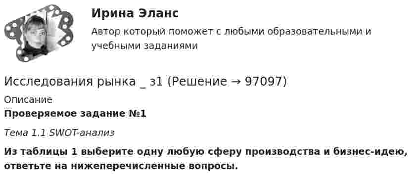      
            Описание
            Проверяемое задание №1Тема 1.1 SWOT-анализ  Из таблицы 1 выберите одну любую сферу производства и бизнес-идею, ответьте на нижеперечисленные вопросы.   
            
            
            Исследования рынка 6 семестр (ТГУ РОСТДИСТАНТ)Исследования рынка _ з1Исследования рынка _ з3Исследования рынка _ з3Исследования рынка _ з4Исследования рынка ПРАКТИЧЕСКИЕ.ВКС.РОСДИСТАНТИсследования рынка (Практические задания 1-4)Исследование социально-экономических и политических процессов - 2Исследование социально-экономических и политических процессов. Синергия. ✅ Ответы на ИТОГОВЫЙ ТЕСТ. На отлично!Исследование студентов одного вуза (психологического факультета) является примером ... исследованияИсследование читательского спроса на букварь  с фольклорными элементами (Программа  социологического исследования)Исследование экономики отраслевого рынка Приморского края в рамках предложенного вида экономической деятельности. Исследования, использующиеся для принятия решений и влияющие на развитие компании, – это … маркетинговые исследованияИсследования личности: этапы, научные подходы