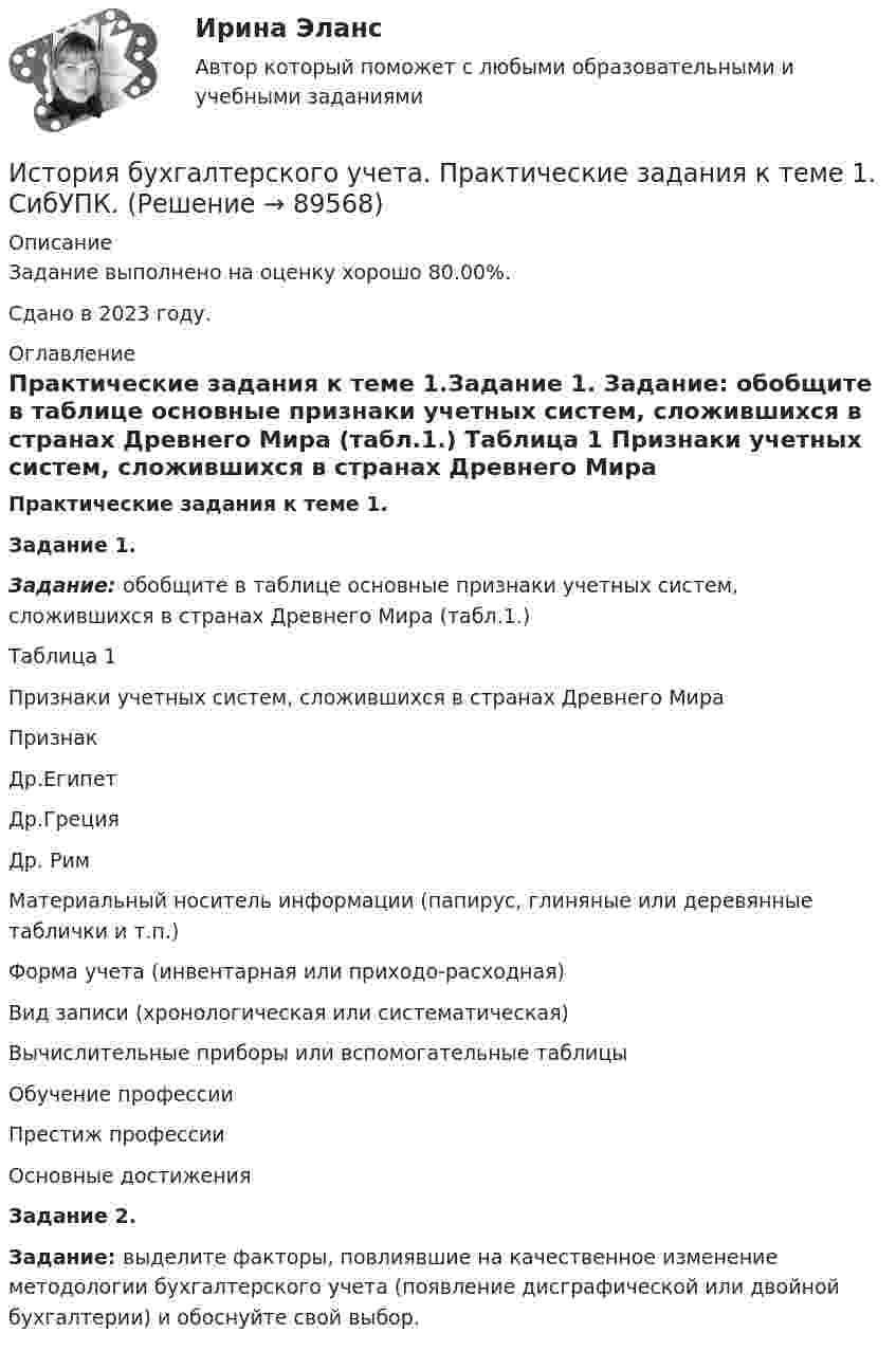     
            Описание
            Задание выполнено на оценку хорошо 80.00%.Сдано в 2023 году. 
            Оглавление
            Практические задания к теме 1.Задание 1.  Задание: обобщите в таблице основные признаки учетных систем, сложившихся в странах Древнего Мира (табл.1.)	Таблица 1	Признаки учетных систем, сложившихся в странах Древнего Мира   Признак Др.Египет Др.Греция Др. Рим   Материальный носитель информации (папирус, глиняные или деревянные таблички и т.п.)      Форма учета (инвентарная или приходо-расходная)      Вид записи (хронологическая или систематическая)      Вычислительные приборы или вспомогательные таблицы      Обучение профессии      Престиж профессии      Основные достижения    Задание 2.Задание: выделите факторы, повлиявшие на качественное изменение методологии бухгалтерского учета (появление дисграфической или двойной бухгалтерии) и обоснуйте свой выбор.  
            
            
            История бухгалтерского учета Итоговый тест История бухгалтерского учета. Практические задания к теме 1. СибУПК.История возникновения и развитие коррупцииИстория возникновения и развития, Нормативные документы, стандарты и методические разработки, классификация, экспертиза ценности, описания и учета, требования к хранению электронных документов по сравнению с документами на традиционных носителяхИстория ВСЕ ЗАДАНИЯ История всеобщая ТЕСТИстория геологического развития и нефтегазоносность Западно-Сибирской низменностиИстория большого теннисаИстория бухгалтерского учетаИстория бухгалтерского учётаИстория бухгалтерского учётаИстория бухгалтерского учёта История Бухгалтерского учётаИстория бухгалтерского учета ВСЕ ТЕСТЫ+ИТОГОВЫЙ
