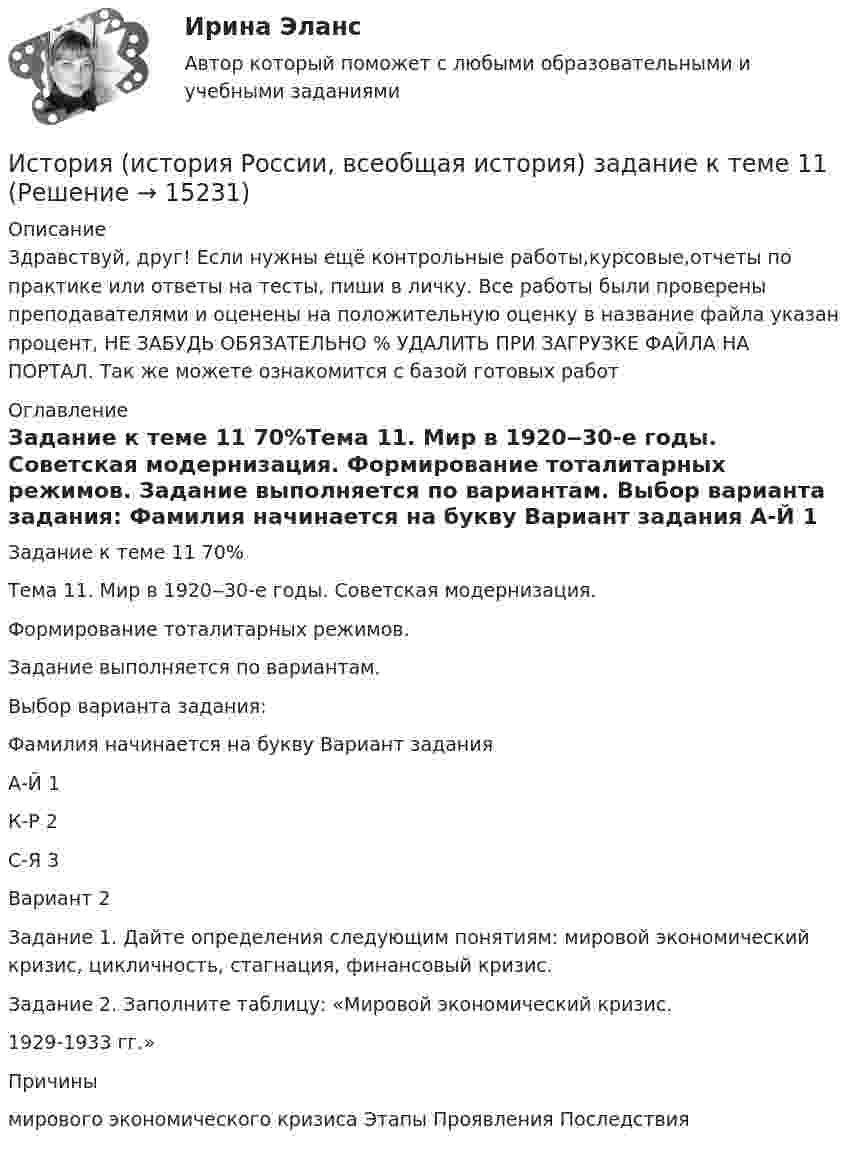      
          Описание
          Здравствуй, друг! Если нужны ещё контрольные работы,курсовые,отчеты по практике или ответы на тесты, пиши в личку. Все работы были проверены преподавателями и оценены на положительную оценку в название файла указан процент, НЕ ЗАБУДЬ ОБЯЗАТЕЛЬНО % УДАЛИТЬ ПРИ ЗАГРУЗКЕ ФАЙЛА НА ПОРТАЛ. Так же можете ознакомится с базой готовых работ  
          Оглавление
          Задание  к теме 11 70%Тема 11. Мир в 1920‒30-е годы. Советская модернизация.
Формирование тоталитарных режимов.
Задание выполняется по вариантам.
Выбор варианта задания:
Фамилия начинается на букву	Вариант задания
А-Й	1
К-Р	2
С-Я	3

Вариант 2
Задание 1.  Дайте определения следующим понятиям: мировой экономический кризис, цикличность, стагнация, финансовый кризис.
Задание 2. Заполните таблицу:  «Мировой экономический кризис. 
                                                     1929-1933 гг.»


Причины 
мирового экономического кризиса 	Этапы	Проявления	Последствия

 
            
            
            История (история России, всеобщая история) задание  к теме  11История (история России, всеобщая история) задание  к теме 11 История (история России, всеобщая история)//ИМЭСИстория (история России, всеобщая история) / История.ои(dor) (сборник ответов на тесты) Синергия.История (история России, всеобщая история) Итоговый тест История (история России, всеобщая история) - КМ2. Тест 1. История//ПРОМЕТЕЙИстория (история России, всеобщая история) МФПУ СинергияИСТОРИЯ (ИСТОРИЯ РОССИИ, ВСЕОБЩАЯ ИСТОРИЯ) 5 тестИСТОРИЯ (ИСТОРИЯ РОССИИ, ВСЕОБЩАЯ ИСТОРИЯ) 6 тестИСТОРИЯ (ИСТОРИЯ РОССИИ, ВСЕОБЩАЯ ИСТОРИЯ) 7 тестИСТОРИЯ (ИСТОРИЯ РОССИИ, ВСЕОБЩАЯ ИСТОРИЯ) 8 тестИСТОРИЯ (ИСТОРИЯ РОССИИ, ВСЕОБЩАЯ ИСТОРИЯ) 9 тестИстория (история России, всеобщая история) Вариант 4 История (история России, всеобщая история) ВКС Росдистант