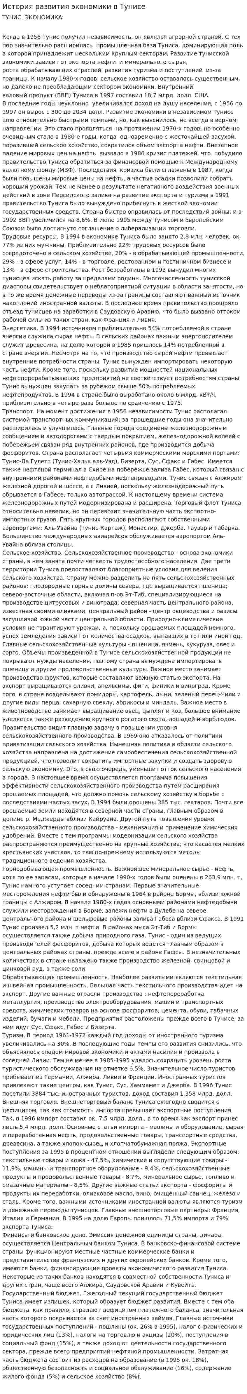 История развития экономики в Тунисе