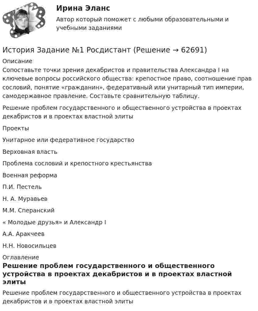    
            Описание
            Сопоставьте точки зрения декабристов и правительства Александра I на ключевые вопросы российского общества: крепостное право, соотношение прав сословий, понятие «гражданин», федеративный или унитарный тип империи, самодержавное правление. Составьте сравнительную таблицу.Решение проблем государственного и общественного устройства в проектах декабристов и в проектах властной элиты ПроектыУнитарное или федеративное государствоВерховная властьПроблема сословий и крепостного крестьянстваВоенная реформаП.И. Пестель Н. А. Муравьев М.М. Сперанский « Молодые друзья» и Александр I А.А. Аракчеев Н.Н. Новосильцев  
            Оглавление
            Решение проблем государственного и общественного устройства в проектах декабристов и в проектах властной элиты  
            
            
            История_ Задание 1 _ Вариант 2История Задание №1 РосдистантИстория Задание №2 РосдистантИстория. Задание к теме 11. Вариант 2. СибУПКИстория Задания Тема 9, Задания Тема 11История зарождения и становления статистики как наукиИстория зарождения Федеральной резервной системы СШАИстория (ДО, СпДО, ПНК, КП, ПДО) Тестовые вопросы для самопроверки к разделу 3 История (ДО, СпДО, ПНК, КП, ПДО) Тестовые вопросы для самопроверки к разделу 4История  (ДОУА, ББЛ, СР)   Практическое занятие 2. Задания 9-10   НСПКИстория (ДОУА, ББЛ, СР) Тестовые вопросы для самопроверки к разделу 1История (ДОУА, ББЛ, СР) Тестовые вопросы для самопроверки к разделу 1История (ДОУА, ББЛ, СР) Тестовые вопросы для самопроверки к разделу 2История (ДОУА, ББЛ, СР) Тестовые вопросы для самопроверки к разделу 3