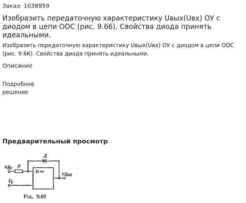 Изобразить передаточную характеристику Uвых(Uвх) ОУ с диодом в цепи ООС (рис. 9.66). Свойства диода принять идеальными. 