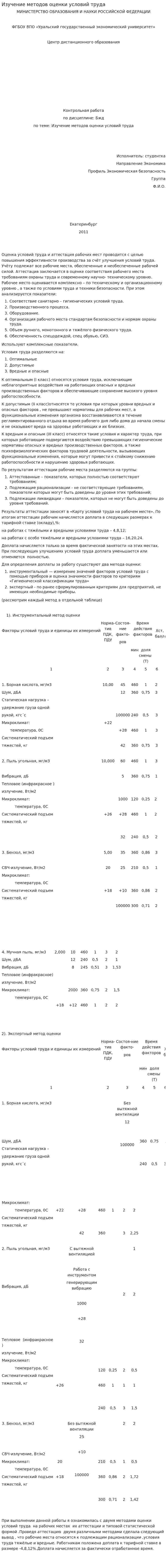 Изучение методов оценки условий труда
