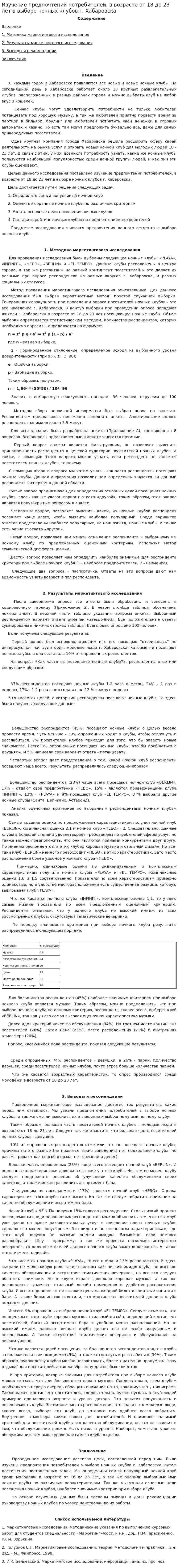 Изучение предпочтений потребителей, в возрасте от 18 до 23 лет в выборе ночных клубов г. Хабаровска