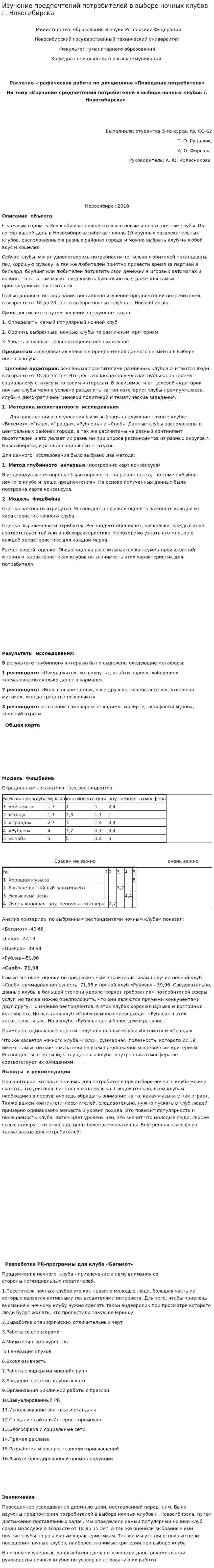Изучение предпочтений потребителей в выборе ночных клубов г. Новосибирска
