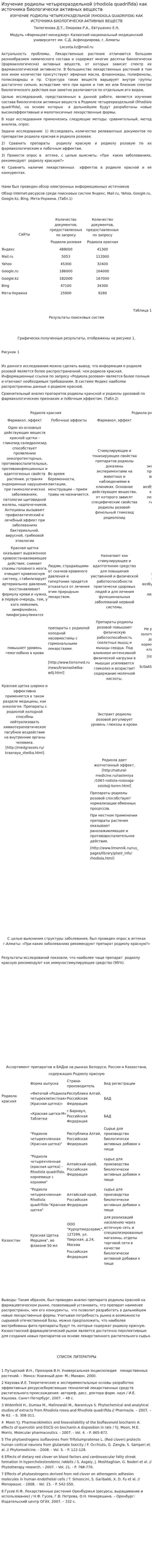 Изучение родиолы четырехраздельной (rhodiola quadrifida) как источника биологически активных веществ