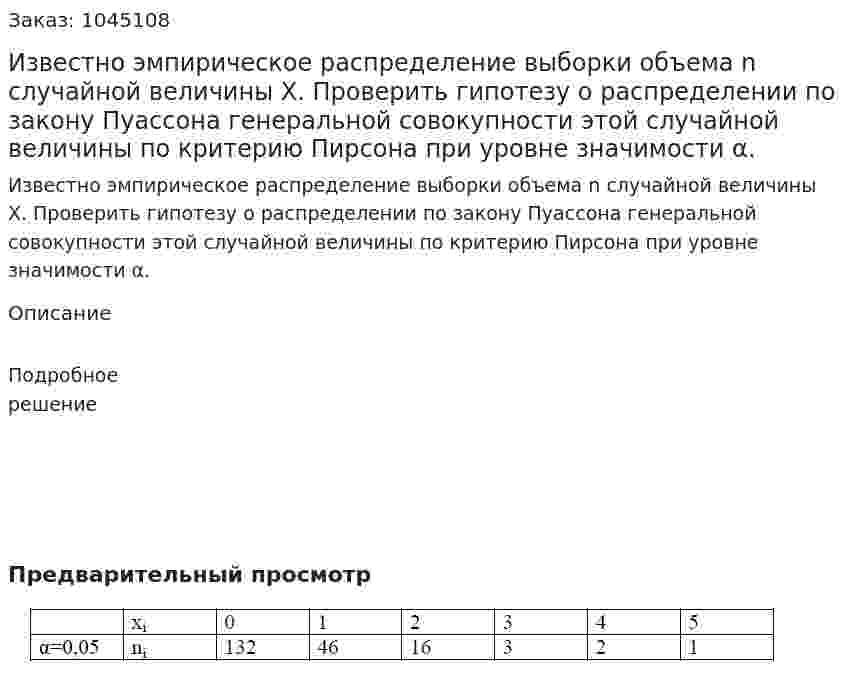 Известно эмпирическое распределение выборки объема n случайной величины Х. Проверить гипотезу о распределении по закону Пуассона генеральной совокупности этой случайной величины по критерию Пирсона при уровне значимости α. 