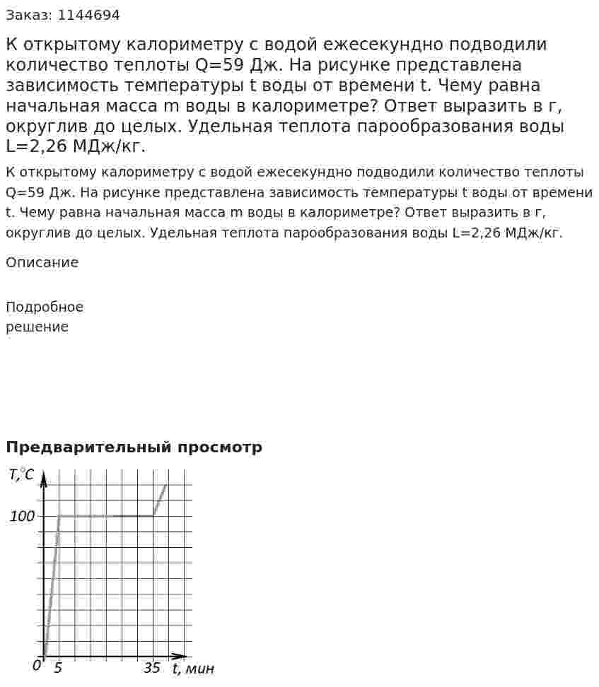 К открытому калориметру с водой ежесекундно подводили количество теплоты Q=59 Дж. На рисунке представлена зависимость температуры t воды от времени t. Чему равна начальная масса m воды в калориметре? Ответ выразить в г, округлив до целых. Удельная теплота парообразования воды L=2,26 МДж/кг. 