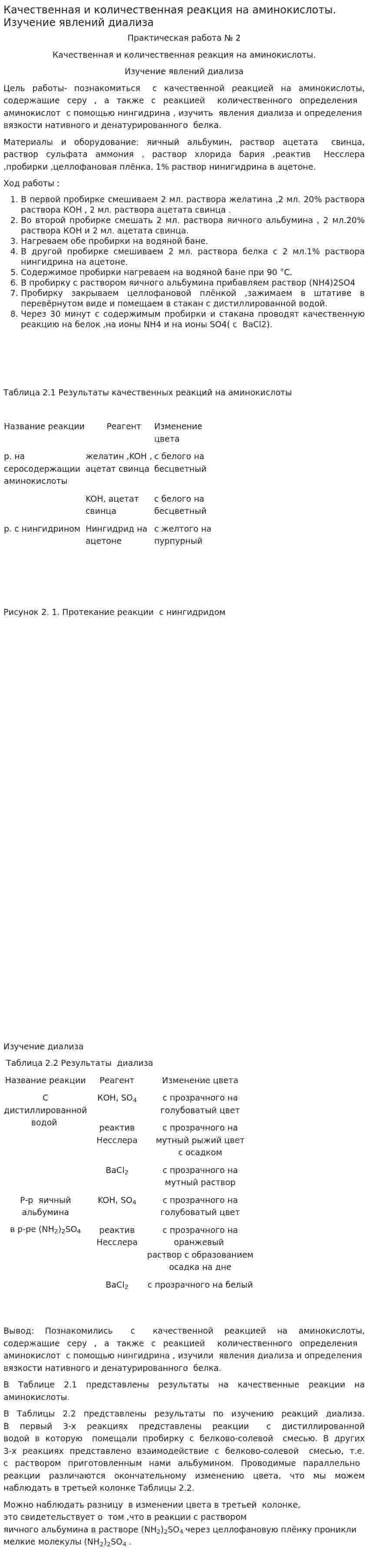 Качественная и количественная реакция на аминокислоты. Изучение явлений диализа