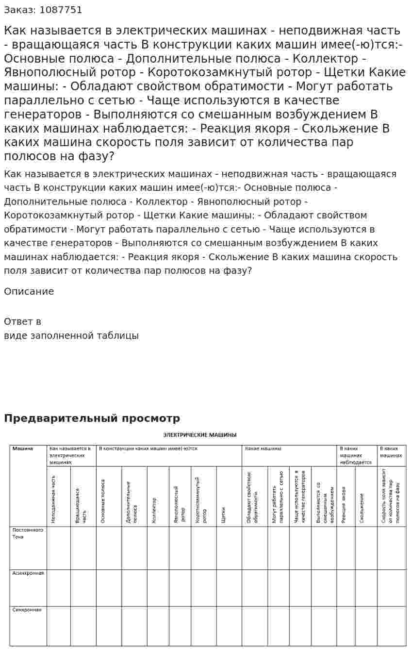 Как называется в электрических машинах - неподвижная часть - вращающаяся часть В конструкции каких машин имее(-ю)тся:- Основные полюса - Дополнительные полюса - Коллектор - Явнополюсный ротор - Коротокозамкнутый ротор - Щетки Какие машины: - Обладают свойством обратимости - Могут работать параллельно с сетью - Чаще используются в качестве генераторов - Выполняются со смешанным возбуждением В каких машинах наблюдается: - Реакция якоря - Скольжение В каких машина скорость поля зависит от количества пар полюсов на фазу? 