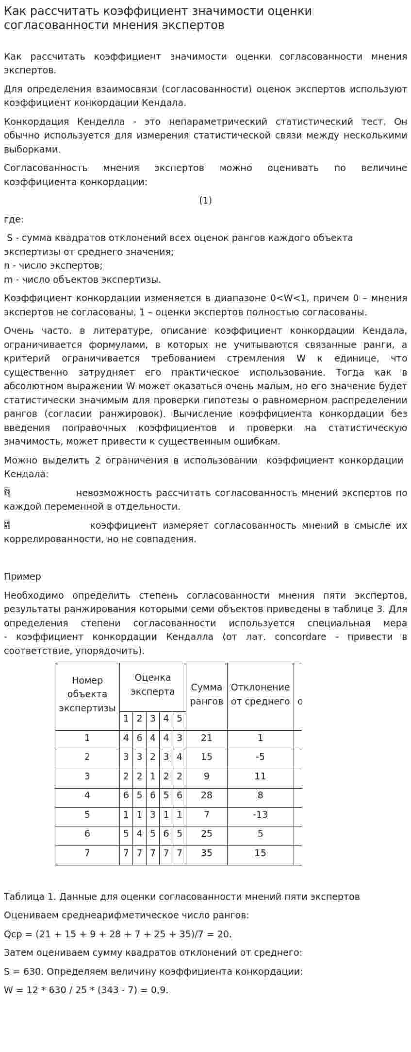 Как рассчитать коэффициент значимости оценки согласованности мнения экспертов