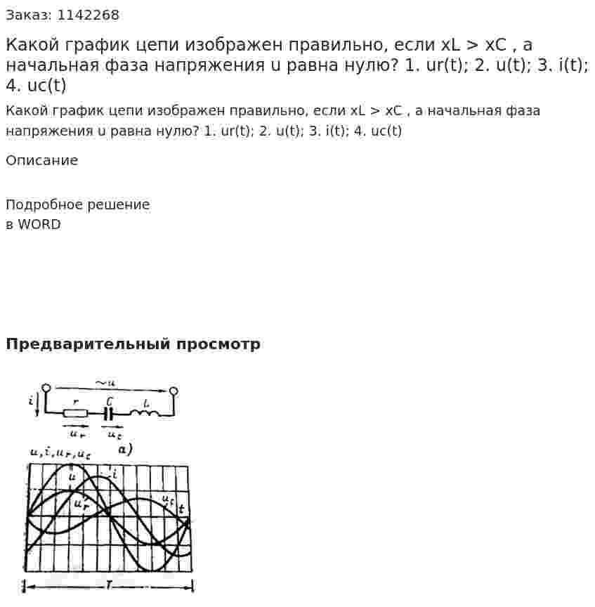 Какой график цепи изображен правильно, если xL > xC , а начальная фаза напряжения u равна нулю?  1.	ur(t);   2. u(t);   3. i(t);   4. uc(t) 