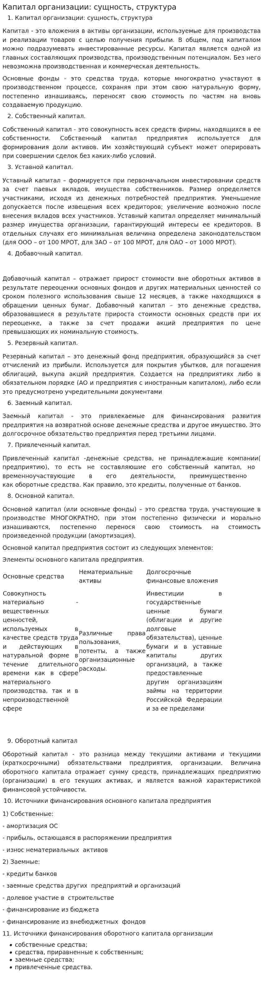 Капитал организации: сущность, структура