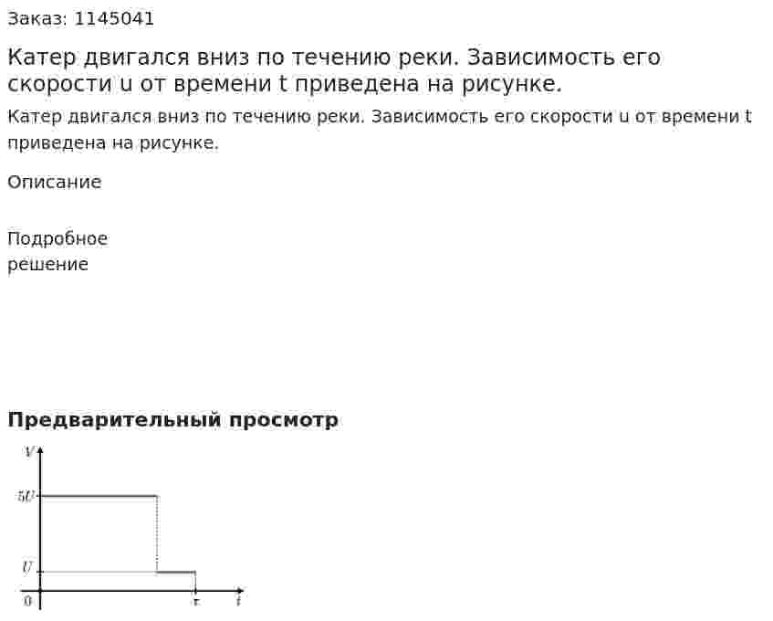 Катер двигался вниз по течению реки. Зависимость его скорости u от времени t приведена на рисунке. 