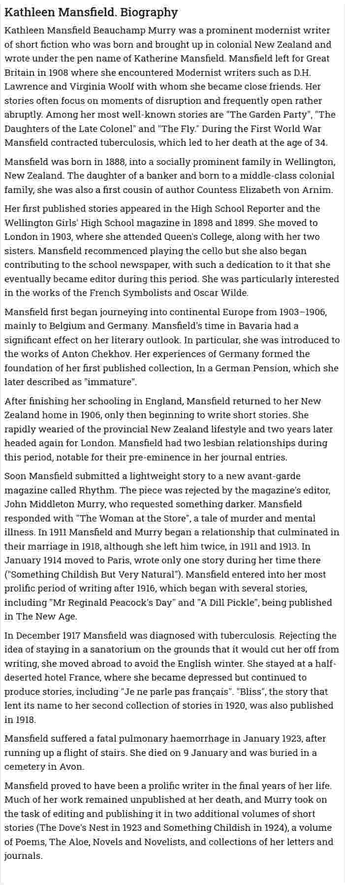 Kathleen Mansfield. Biography