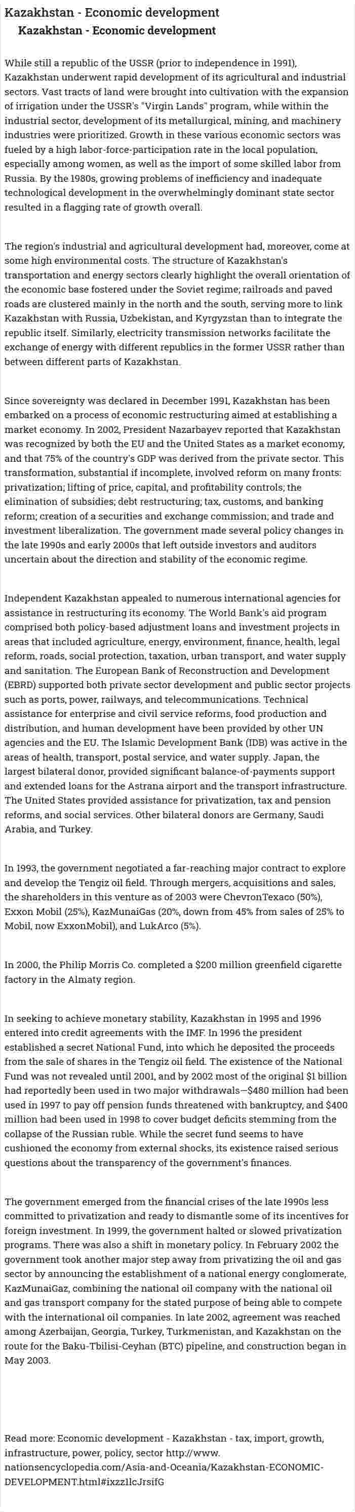Kazakhstan - Economic development