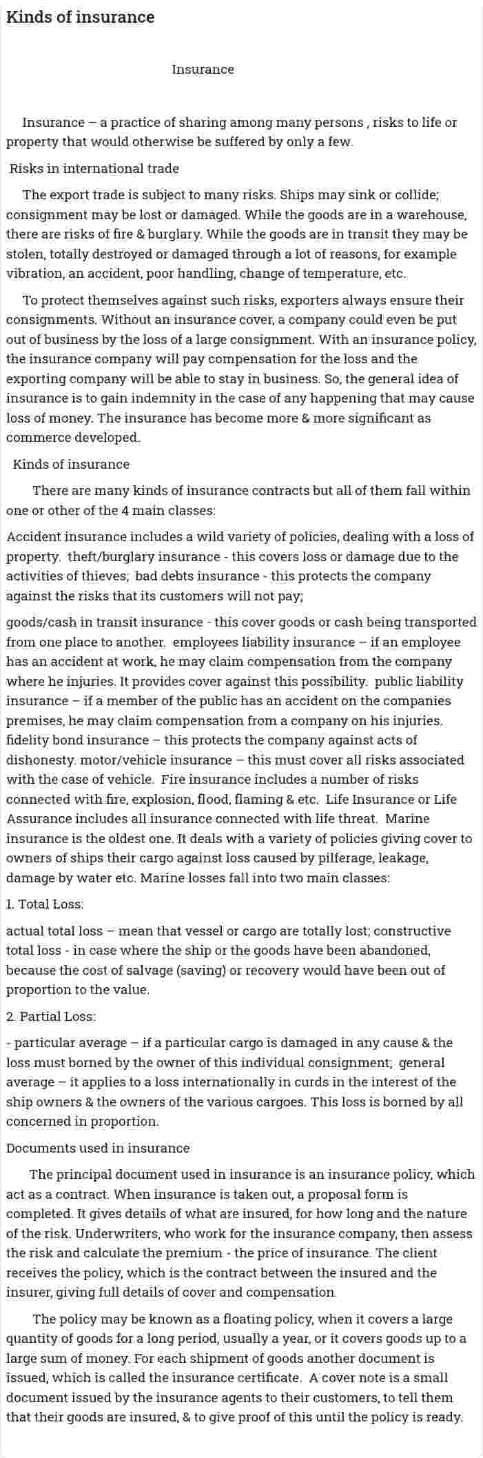 Kinds of insurance