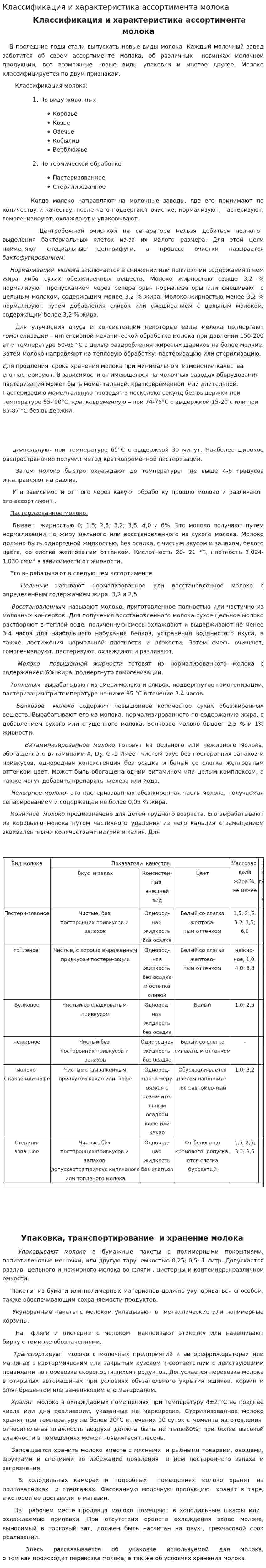 Классификация и характеристика ассортимента молока