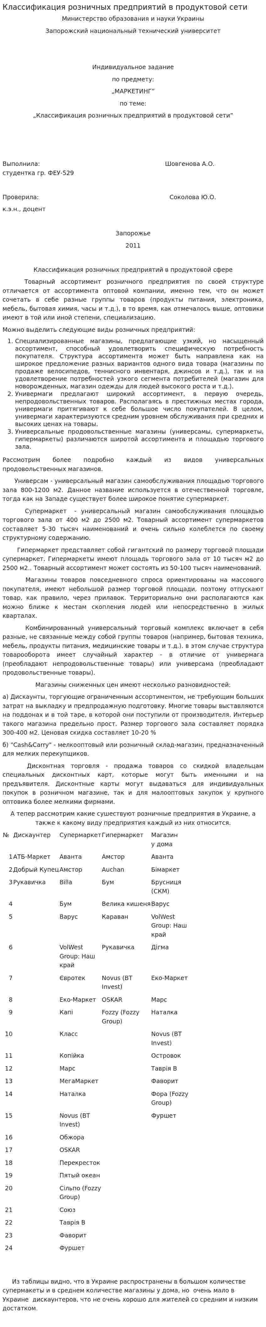 Классификация розничных предприятий в продуктовой сети