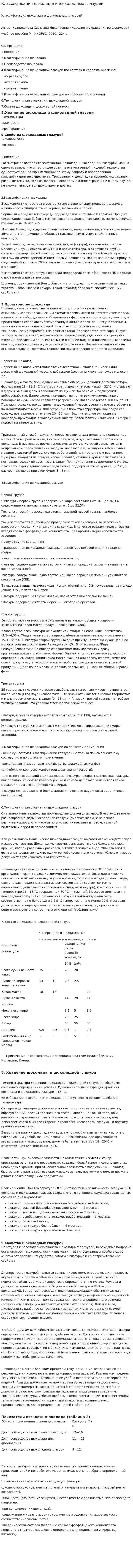 Классификация шоколада и шоколадных глазурей