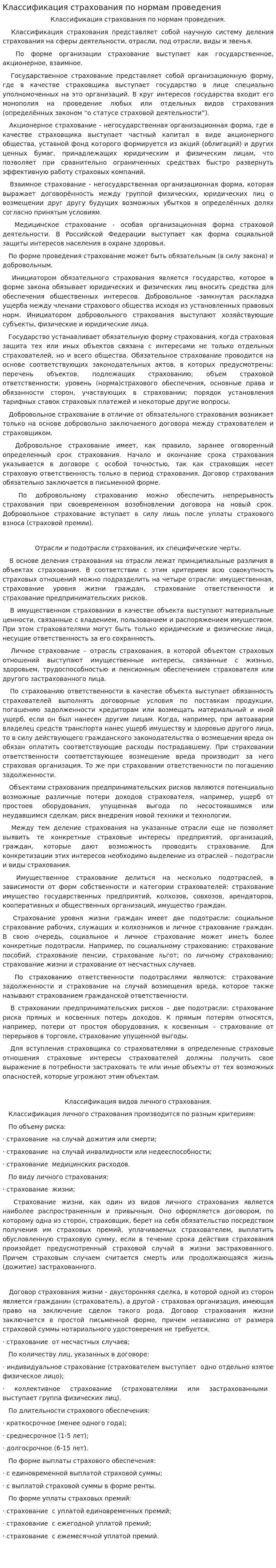 Классификация страхования по нормам проведения