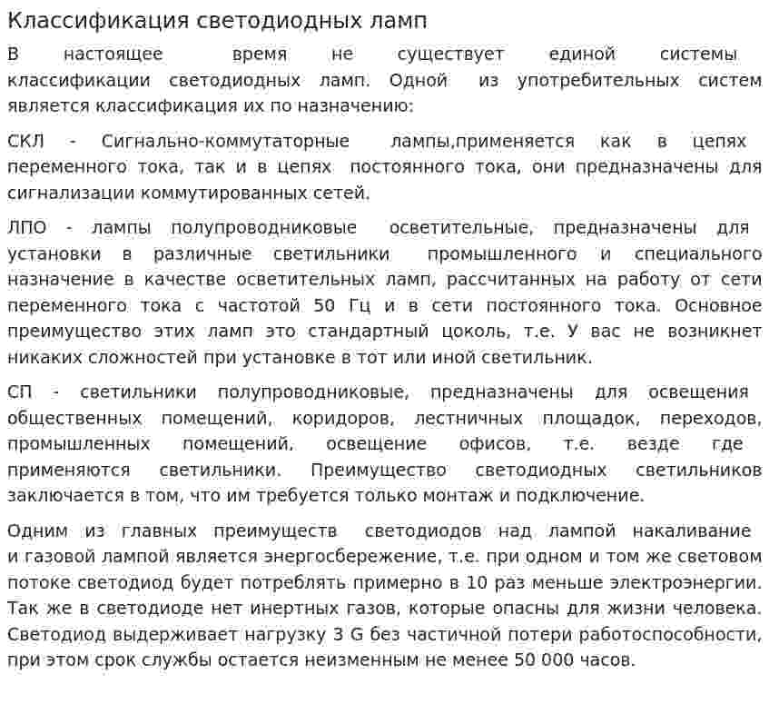 Классификация светодиодных ламп